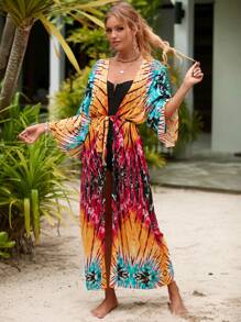 Women's Cardigan Beach Cover Up Human Cotton Positioning Printed Cardigan Holiday Beach Sun Protection Cover Up - 橘色 - 查看 5