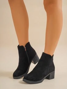 Chic Essential: Square Heel Zip & Elastic Ankle Boots, Radiate Beauty - Black - View 3