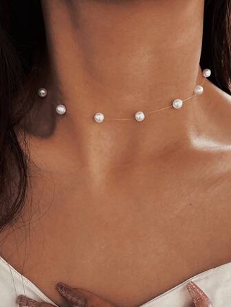 Asymmetrical Faux Pearl Necklace, Vintage French Twist Faux Pearl Collarbone Chain, All-Match Jewelry