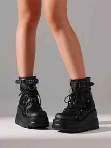 Stunning Goth Chic Platform Ankle Boots Chunky High Heel, Round Toe, Lace Up, Combat Style, Motorcycle Wedges For Women - Black - View 4