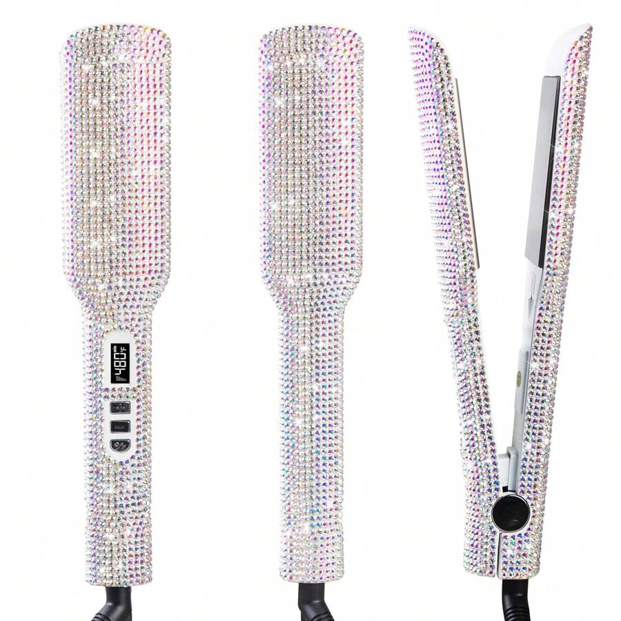 Crystal Diamond Titanium Hair Straightener, 2 Inch Rhinestone Flat Iron Instant Heat-Up 480°F Quick Styling, LCD Display, Dual Voltage - Xem 1