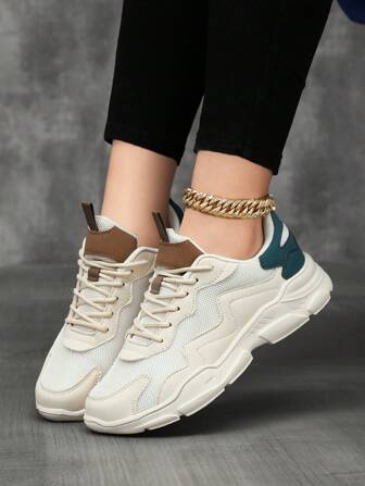 Women's Casual Sneakers, New Slip-Resistant Breathable Mesh Sporty Shoes, Lightweight & Comfortable, Classic Lace-Up Casual Shoes, Color Block Platform Trainers, Unisex Retro Chunky Sneakers, Spring/Autumn Simple Low-Top Vulcanized Shoes