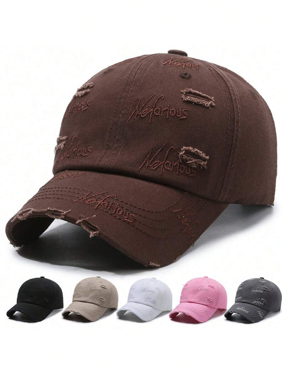 1pc Letter Pattern Street Style Polyester Distressed Embroidery Casual Baseball Cap, Unisex - A - View 1