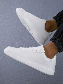 男士休闲运动鞋新款轻便舒适白鞋网球鞋系带防滑步行鞋情侣鞋 - 白色 - 查看 2