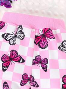 Infant Girls Plaid Print Butterfly Rib Crew Neck Sweatshirt And Sweatpants Set, Fall