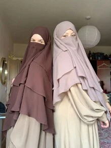 1pc Women Solid Color 3-Layer Hijab, Loose Prayer Headscarf, Comfortable Islamic Veil Suitable For Robe Outfit, Versatile For Daily Wear - Three-layer Headscarf - View 1