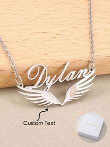 浪漫优雅，天使翅膀形状定制项链，带有英文名字，是送给亲人、朋友和家人的创意惊喜礼物。它是母亲节、情人节、生日、周年纪念日、毕业典礼的绝佳礼物 - 銀色 - 查看 1