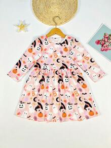 Robe décontractée à manches longues avec imprimé numérique de fantôme de dessin animé pour enfants pour Halloween, taille petite fille