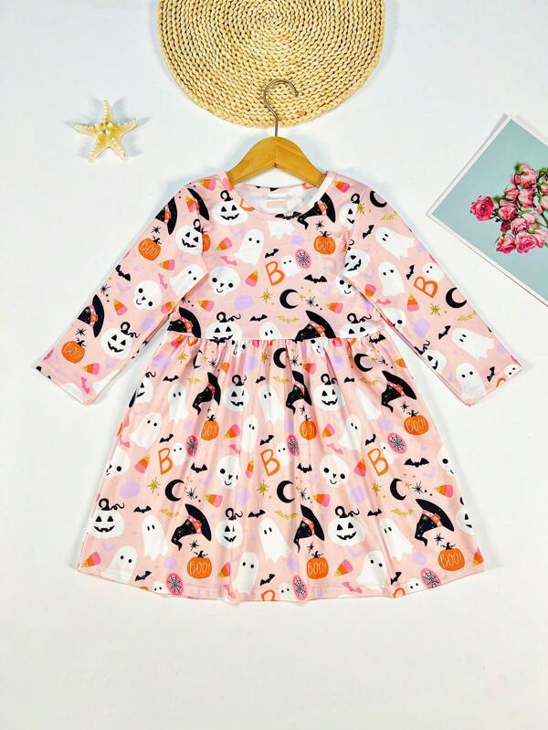 Robe décontractée à manches longues avec imprimé numérique de fantôme de dessin animé pour enfants pour Halloween, taille petite fille