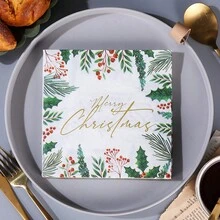 AFYPRTY 20pcs/Bag Christmas Napkins Merry Christmas Gold Patterned Napkins 6.5-Inch Two-Layer Native Wood Pulp Paper Suitable For Christmas Party Decoration Restaurant Kitchen Supplies,Christmas - Multicolor - View 2