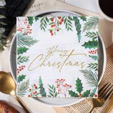 AFYPRTY 20pcs/Bag Christmas Napkins Merry Christmas Gold Patterned Napkins 6.5-Inch Two-Layer Native Wood Pulp Paper Suitable For Christmas Party Decoration Restaurant Kitchen Supplies,Christmas - Multicolor - View 1