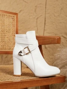 女式高跟踝靴，带扣，修身短靴，圆头优雅甜美皮靴，侧拉链白色时尚百搭靴子粗跟鞋 - 白色 - 查看 6