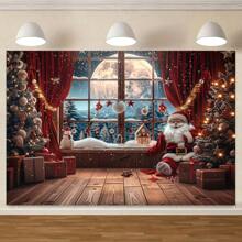 节日圣诞节背景：圣诞老人照片背景，搭配冬雪、圣诞树、礼物和月光窗户 - 非常适合室内和室外节日装饰和摄影，圣诞节 - 多色 - 查看 5
