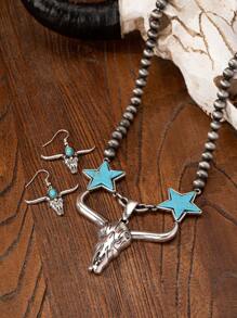 3 Pcs Blue Turquoise Stone Decor Highland Cow Cattle Head Pendant Necklace Earring Jewelry Set For Women Turquoise Jewelry