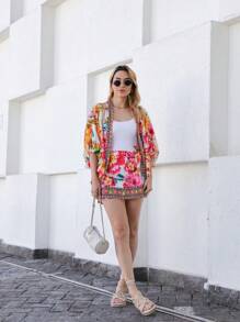 Women's 2 Pc Set (Kimono + Short Skirt), Print - Flowers, Leaves, Birds. . Crepe Fabric, One Size Fits 42, National Shipping, Promotion Day 11.11 Day 12.12 Refresh Your Summer, - 米色 - 查看 4