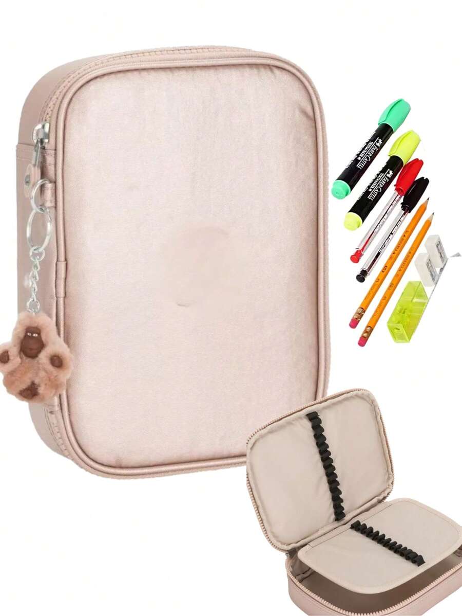 Metal Monkey Pencil Case With Keychain, Briefcase For Pens, Markers, Pencils, 3 Compartments - Rose Gold - View 1