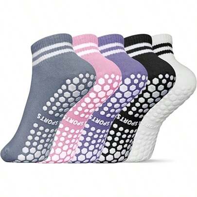 5 Pairs Grip Socks For Women, Non Slip Pilates Yoga Socks With Double Stripes Non Slip Socks For Workout, Ballet, Athletic Socks