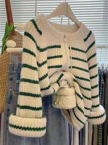 JIANHU 复古休闲风宽松条纹开衫 - 綠色 - 查看 1