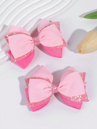 2pcs Pastel Hair Bows For Girls Sparkling Glitter Bow Alligator Clips With Swallow Tail Double Layer Pink Grosgrain Ribbon Bow Hair Clips Cute Sweet Bow Barrettes Women Fashion Hair Accessories Valentine's Day,Hair Barrettes Claw Clips, School Stuff