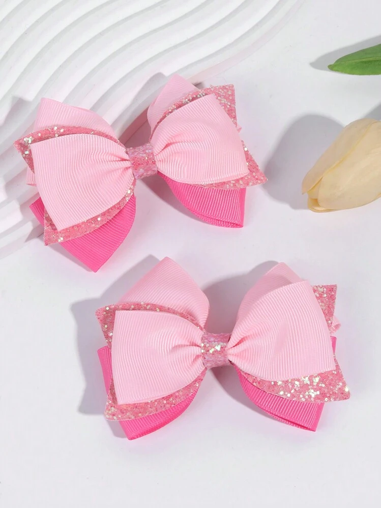 2pcs Pink Hair Clips, Shiny Sequin Bow Crocodile Clip, Double