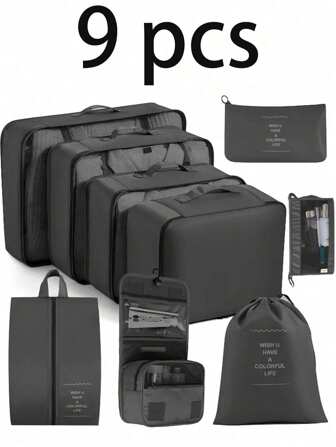 9件/8件/1件旅行收纳袋、防水衣物收纳袋、鞋袋、可折叠内衣和袜子收纳袋、行李收纳袋、洗漱包、化妆包、文件袋、服装袋、旅行配件套装