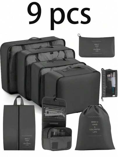 9pcs/8pcs/1pc Travel Storage Bag, Waterproof Clothing Organizer, Shoe Bag, Foldable Underwear & Sock Organizer, Luggage Packing Cubes, Toiletry Bag, Cosmetic Bag, Document Bag, Garment Bag, Travel Accessory Set