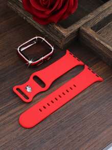 Compatible With Apple Watch Band And Case Combination Set Fashion, Sport, Soft And Comfortable Rivet Buckle Silicone Strap + Shiny Rhinestone-Studded Anti-Drop And Scratch-Resistant Pc Case With Tempered Glass Film Integrated Case Compatible With Apple Watch 38/40/41/42/44/45/46/49mm Replacement Strap Case Compatible With Apple Watch Series Ultra/11/10/9/8/7/6/5/4/3/Se Women's Strap Case - Red - View 8