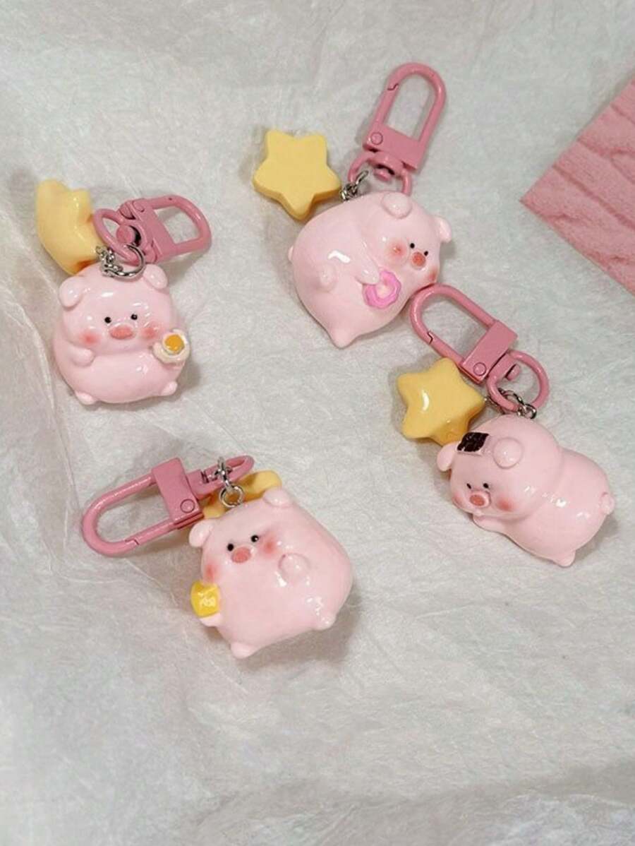 1 Móc Khóa Heo 3D Siêu Dễ Thương Unisex Với Phụ Kiện Ngôi Sao Màu Vàng, Mặt Dây Chuyền Chìa Hoạt Hình Dành Cho Học Sinh & Quà Tặng Bạn Thân Nhất - Hồng - Xem 1