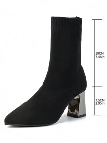 7.5厘米细针织尖头粗跟弹力中筒靴，女款，2025年秋冬新品