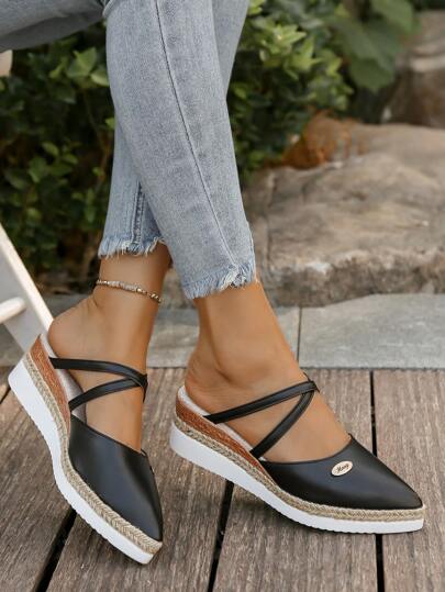 Women's Fashion Wedge & Platform Pumps (Run Small), Vintage Criss-Cross Strap Pointed Toe High Heel Pumps, Leather Platform Casual Commuter Pumps, Versatile Breathable Thick-Sole Pumps, Suitable For Beach, Party, Travel