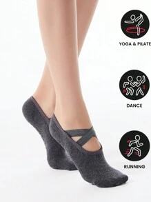1pair Anti-Slip Round Toe Crisscross Strap Sports & Yoga Socks, Fashionable Indoor Floor Socks - Dark Grey - View 1
