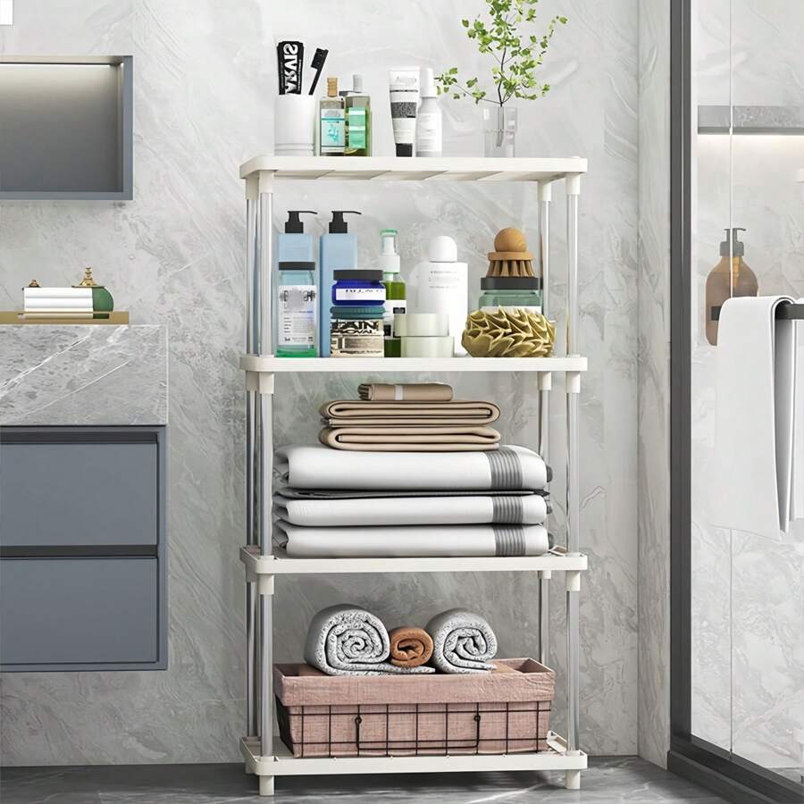 1 Giá để đồ đứng trên sàn dày 4 lớp, Giá để đồ kết hợp đa năng bằng thép không gỉ, Giá để đồ lắp ráp dễ dàng cho phòng tắm, Giá vuông nhiều lớp, Giá để đồ ăn nhẹ và đồ lặt vặt trong nhà bếp và phòng tắm