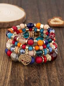 4 sztuki Boho Retro Style White Multi-Layer Pearl, Heart Pendant Women Bransoletki Zestaw