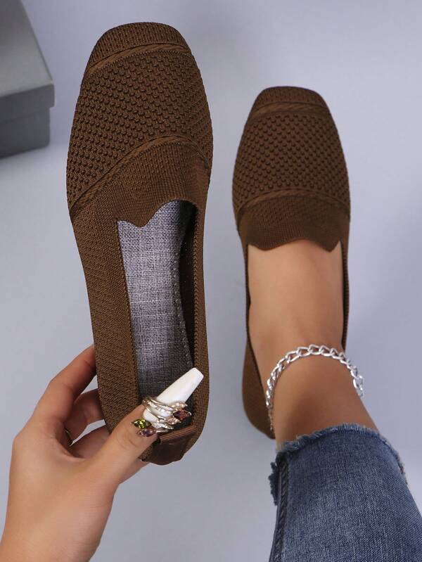 Mocassins plats tricotés pour femmes, bout carré, confortables et respirants, chaussures casual pour mère, printemps automne