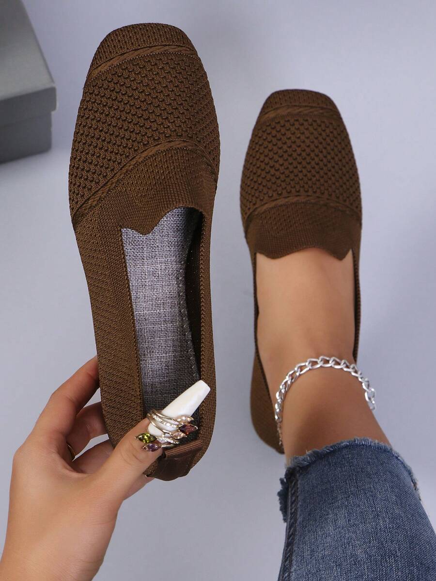 女士针织平底乐福鞋方头舒适透气休闲妈妈鞋，春秋季 - 棕色 - 查看 1