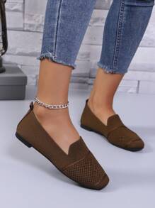 女士针织平底乐福鞋方头舒适透气休闲妈妈鞋，春秋季 - 棕色 - 查看 5