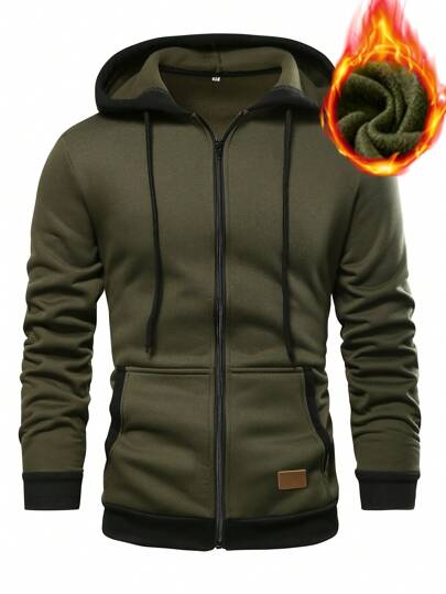 男士撞色拉链连帽卫衣，秋冬季长袖上衣