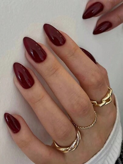 24Pcs Wine Red Solid Almond Wear Nail Tips + 1Pc Nail File + 1Pc Gel Polish Piece Press On Nails Nail Supplies Nails