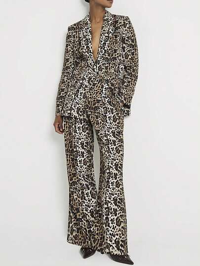 Dwuczęściowy komplet garniturowy z długim rękawem i prostymi nogawkami w panterkę, jesień/zima