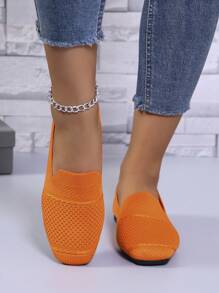 Women Knitted Flat Loafers Slip-On Square Toe Comfortable Casual Shoes For Mom, Spring/Autumn - Orange - View 5