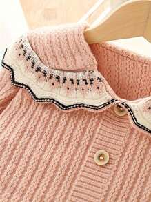 2pcs Young Girls Fashionable Collared Knitted Sweater And Ruched Skirt Set, Autumn/Winter - Pink - View 3