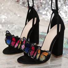 Women's Strappy Chunky Heels Sandals 3 Inch Butterfly Lace Up Ankle Wrap Heel Wedding Bridal Heeled Sandals Shoes - màu đen - Xem 5