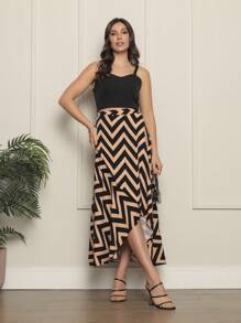 Women's Printed Wrap Skirt With ZiG ZaG Lined Wrap Skirt - 駝色 - 查看 2