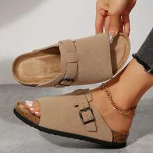 Women's Platform Suede Sandals For Women Soft Cork Footbed Summer Slides With Adjustable Buckle