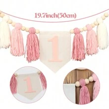 Handmade First Birthday Shiny Decorative Fuzzy Pompom Hat, Pink Knitted Fringe Garland Room Decor For Birthday