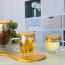 1/2/4 件 250ml/350ml 双层玻璃咖啡杯带手柄，隔热耐热，竹盖，适用于早餐、水、牛奶 - 新款保温玻璃杯返校