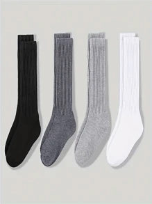 4 Pairs Women Socks Thick, Warm & Soft Crew Socks In Black, White, Gray & Dark Gray For Fall/Winter Long Socks Scrunch Socks