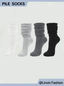 4 Pairs Women Socks Thick, Warm & Soft Crew Socks In Black, White, Gray & Dark Gray For Fall/Winter Long Socks Scrunch Socks
