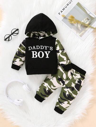 2pcs/Set Baby Boy Soft Comfy Cute Letter & Camouflage Print Hoodie And Contrast Color Camo Print Pants Set, Casual Daily Holiday Party Outfit