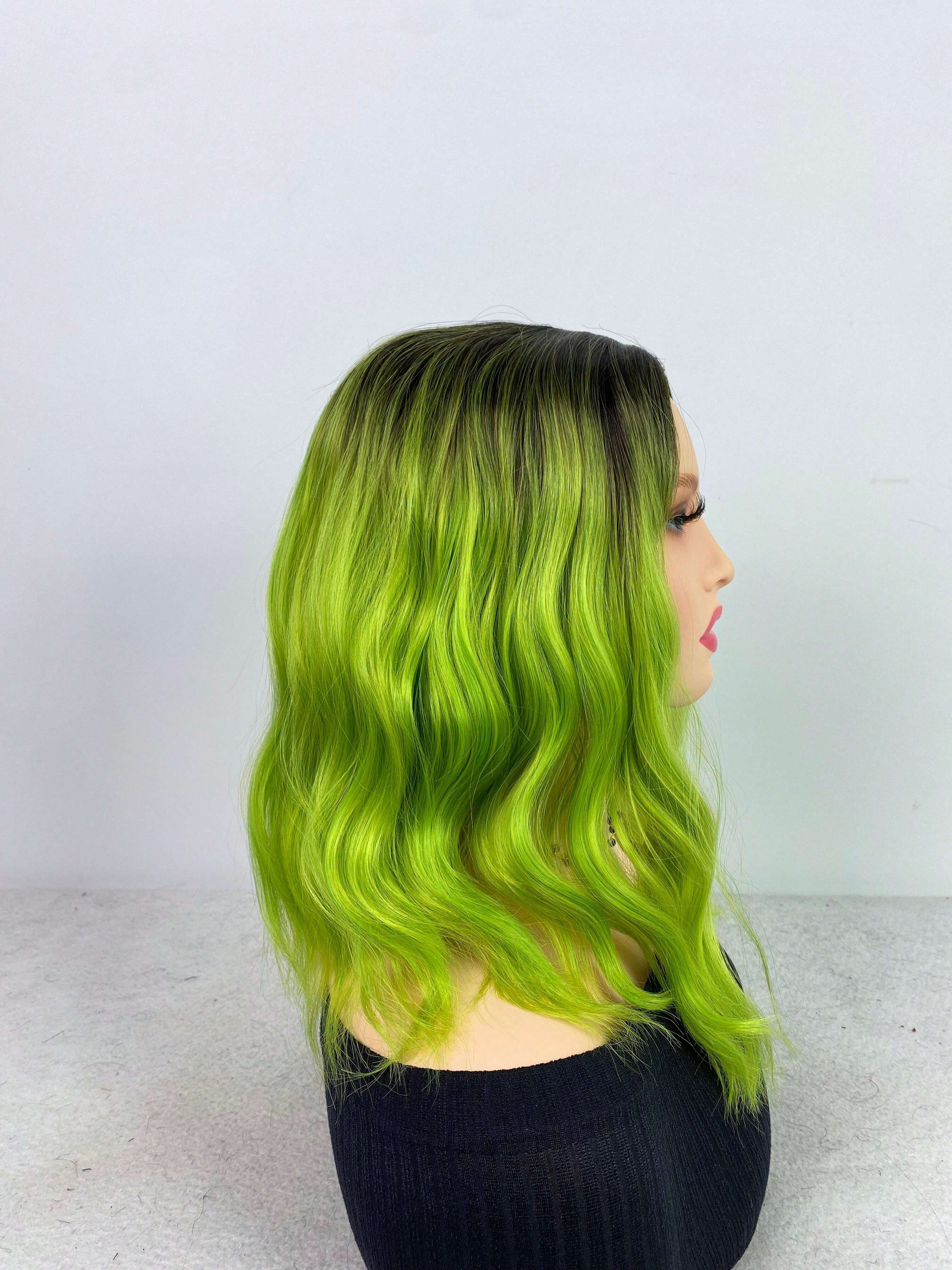 14 Inch Green Bob Wigs For Women Short Wavy Curly Wig Dark Roots